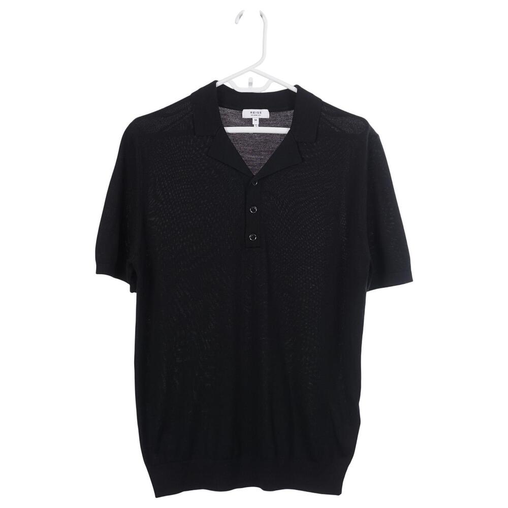REISS Moore Polo Shirt M Black Extra Fine Merino Wool Short Sleeve Revere Collar